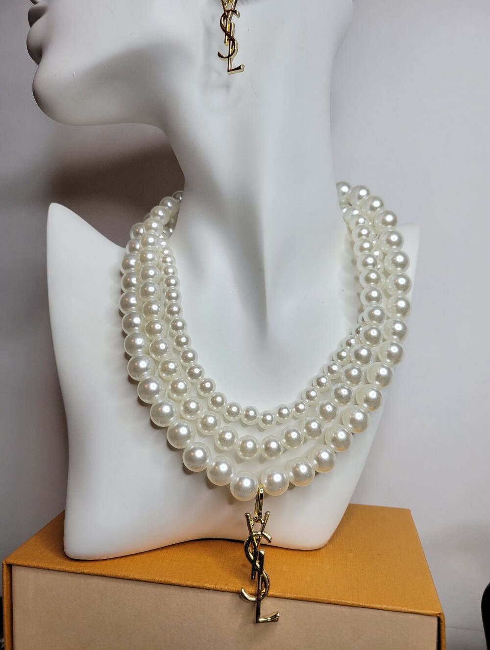3 Strand Faux Pearl Necklace, 1.5" Gold YSL Zipper Pull - Picture 3 of 4